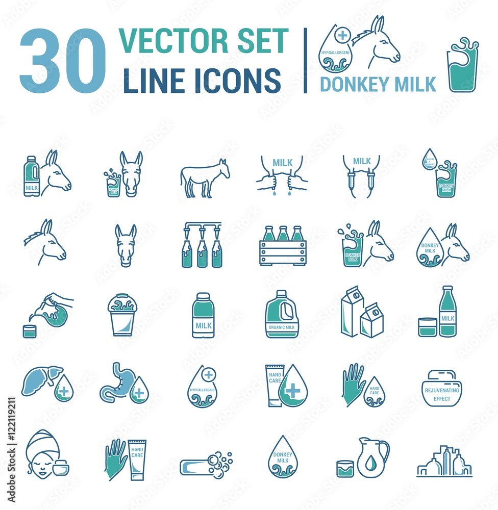 Set vector icons graphic thin outline in a linear design. Element emblem symbols of donkey milk, the dairy industry and dairy products.Organic product. Allergy-free. Healthy body care