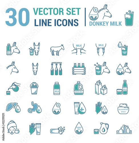 Set vector icons graphic thin outline in a linear design. Element emblem symbols of donkey milk, the dairy industry and dairy products.Organic product. Allergy-free. Healthy body care