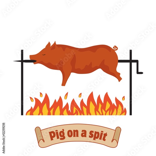 Grilled pig. Pig on spit. Roasting piglet. BBQ pork.