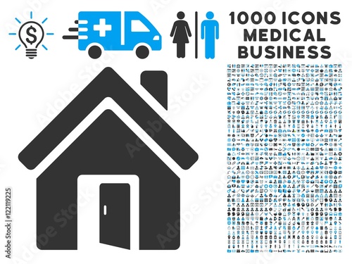 Open House Door icon with 1000 medical commerce gray and blue vector design elements. Set style is flat bicolor symbols, white background.