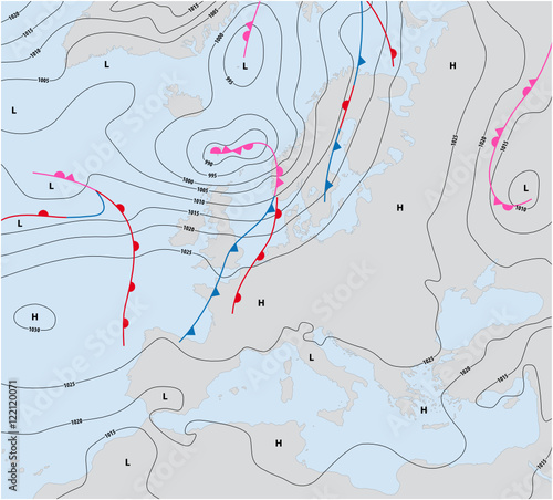 imaginary weather map europe showing isobars and weather fronts
