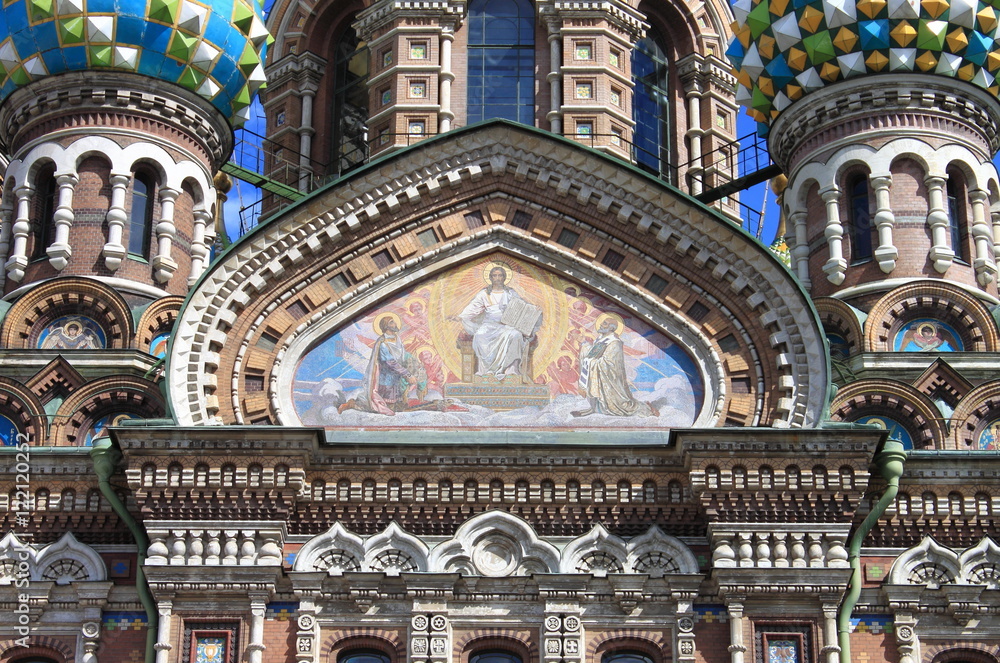 Facade of the Church of the Saviour on Spilled Blood in Saint Petersburg, Russia