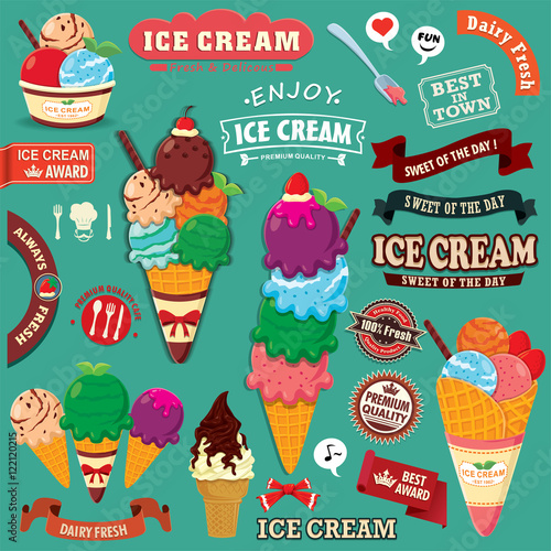 Vintage Ice Cream poster design set with ice cream character.