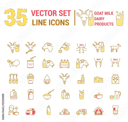 Set vector icons graphic thin outline in a linear design. Element emblem symbols of goat milk, the dairy industry and dairy products.Organic product. Cheese, Allergy-free baby food, dry milk.
