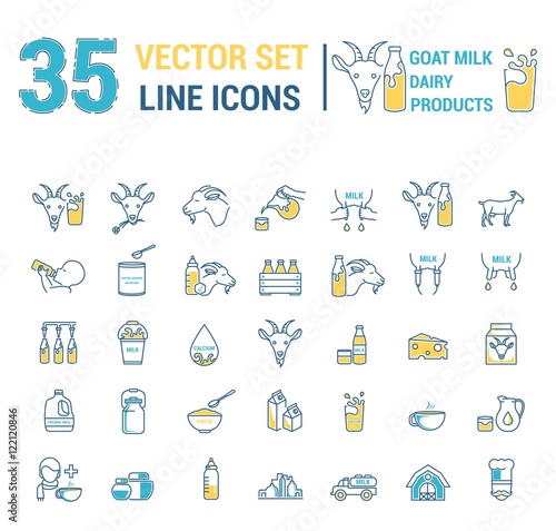 Set vector icons graphic thin outline in a linear design. Element emblem symbols of goat milk, the dairy industry and dairy products.Organic product. Cheese, Allergy-free baby food, dry milk.