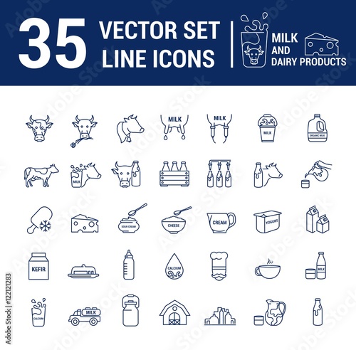 Set vector graphic thin outline icons in linear design. Element emblem symbols of milk, the dairy industry and dairy products.Organic product. Cheese, yogurt, cottage cheese, cream and condensed milk.