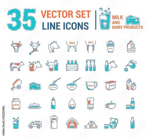 Set vector graphic thin outline icons in linear design. Element emblem symbols of milk, the dairy industry and dairy products.Organic product. Cheese, yogurt, cottage cheese, cream and condensed milk.