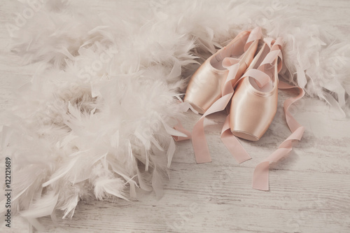 Obraz na plátně Pink ballet pointe shoes and feather on white wood background