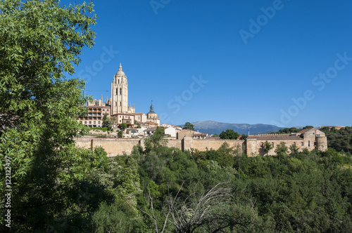 Views of the city of Segovia, Spain, from the city wall, with the Cathedral in the background