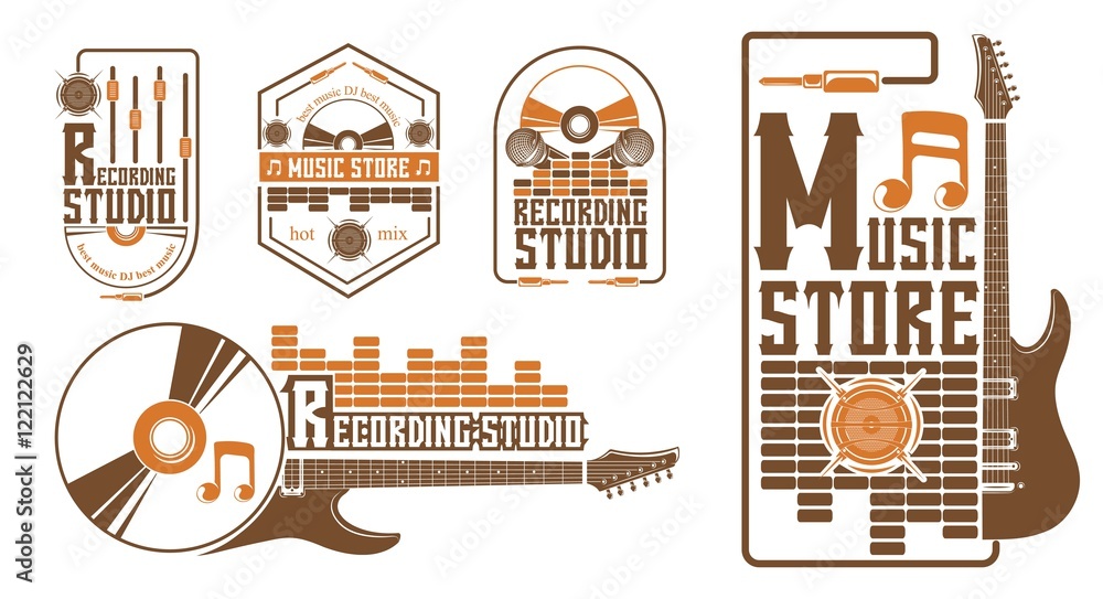 Fototapeta premium Vector set of logo for the recording studio and music shop. Graphic design concept with a silhouette of a guitar, skull, headphones, equalizer, note. Symbol, emblem, on an element of the music.