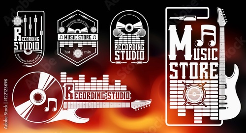 Vector set of logo for the recording studio and music shop. Graphic design concept with a silhouette of a guitar, skull, headphones, equalizer, note. Symbol, emblem, on an element of the music.