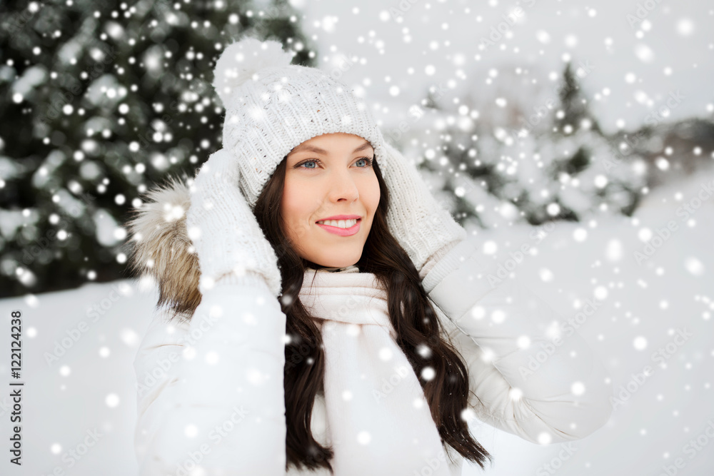 happy woman outdoors in winter clothes happy woman outdoors in winter clothes