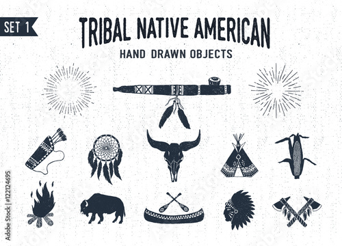 Hand drawn tribal icons set with peace pipe, dream catcher, buffalo skull, teepee, corn, bonfire, buffalo, canoe, chief, and tomahawks vector illustrations.