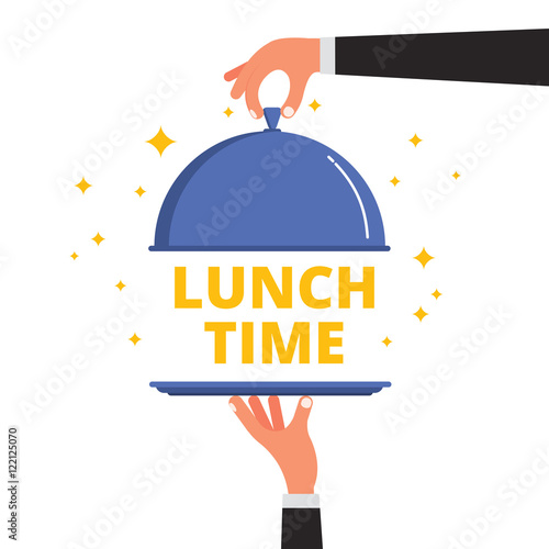 Waiter hands opening cloche lid cover revealing Lunch Time text