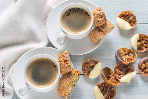 Wallpaper Mural Cups of coffee with florentine cookies