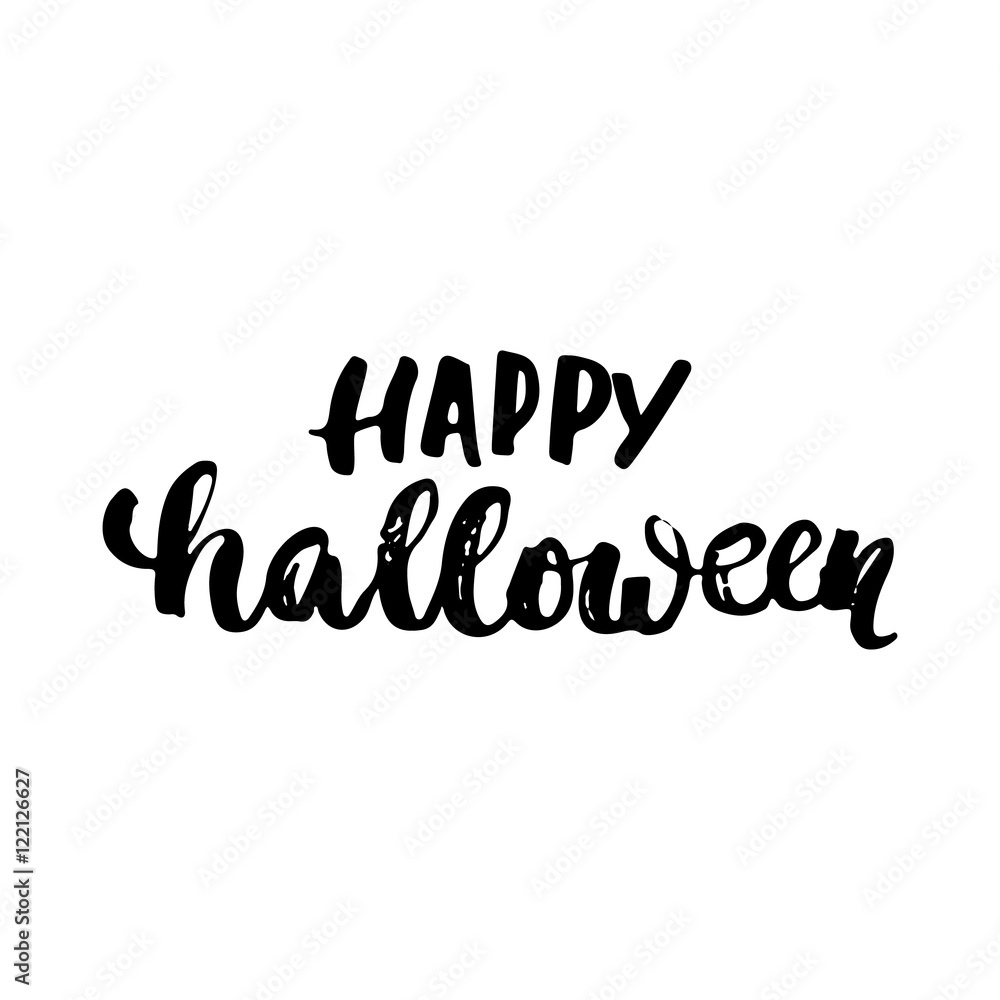 Fototapeta premium Happy Halloween - Halloween party hand drawn lettering phrase, isolated on the white. Fun brush ink inscription for photo overlays, typography greeting card or t-shirt print, flyer, poster design.