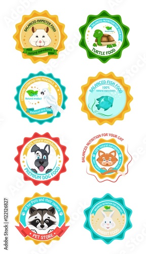 Vector set of logos for the nutrition of Pets. Illustrations, logos, emblems and labels stickers for natural balanced food.