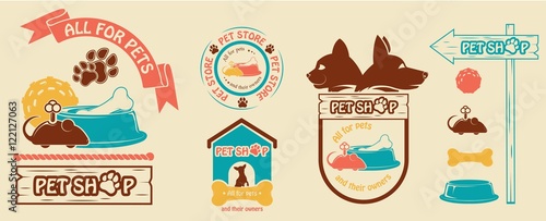 Vector set of logos and emblems for a pet store. Vector image, logo cats and dogs, with elements of their supply, bone, bowl, clockwork mouse, a rubber ball for the game.