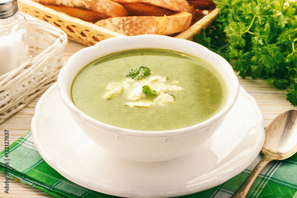 Vegetarian cuisine - spinach cream-soup with feta cheese. Vegetarian cuisine - spinach cream-soup with feta cheese.