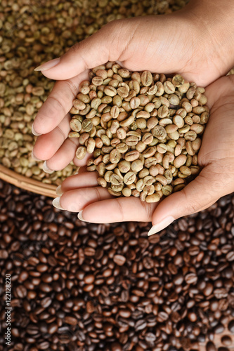 Close up of coffee beans on hand