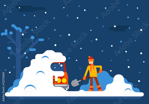 Winter Man Digs Car Out of Snow Background Flat Design Vector Illustration