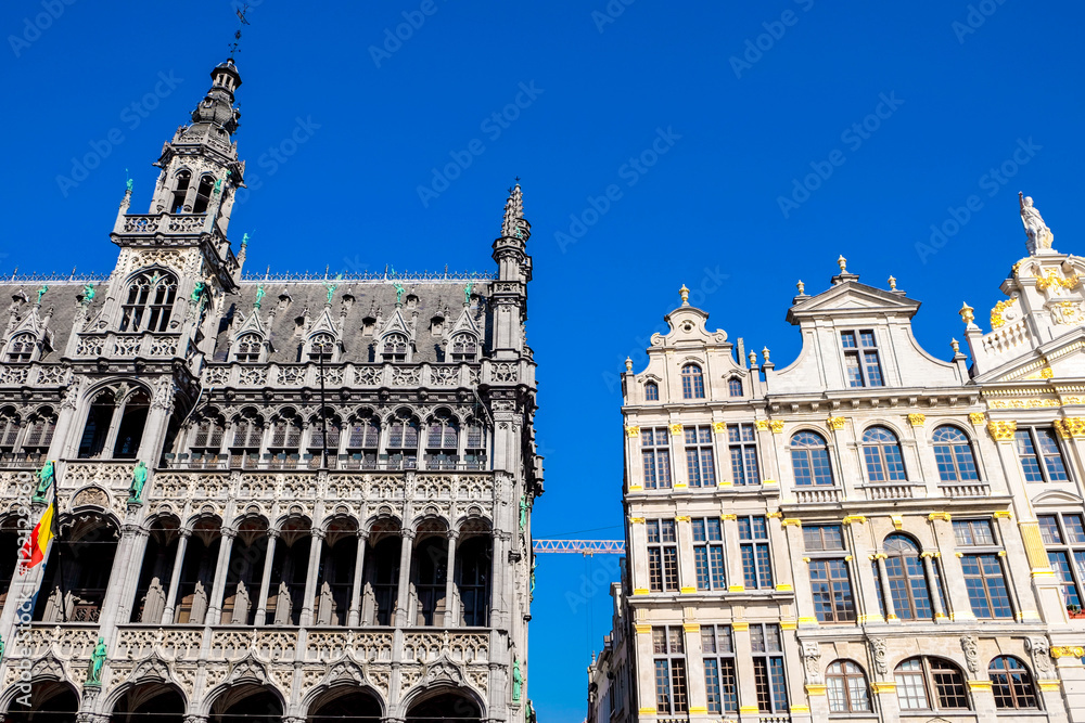 The Grand Place is the central square of Brussels. It is surrounded by opulent guildhalls and two larger edifices, the city's Town Hall, and the Breadhouse