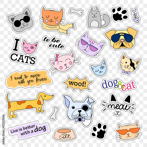 Fashion patch badges. Cats and dogs. Stickers, pins, patches and handwritten notes collection in cartoon 80s-90s comic style. Vector illustration isolated on transparent background. Vector clip art.
