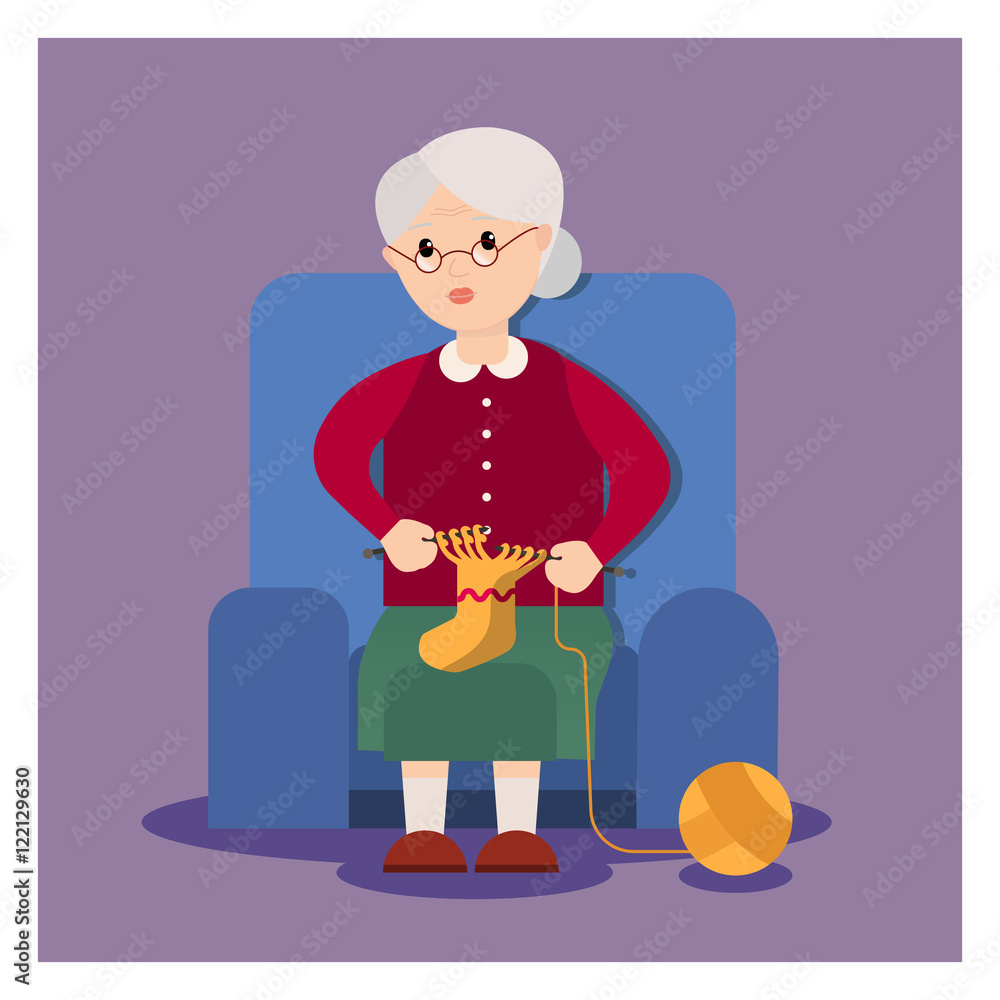 Grandma sits in an armchair and knits. Grandmother cartoon character ...