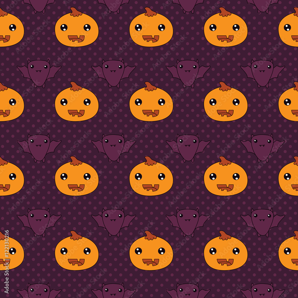 seamless pattern with a cheerful pumpkin and bat, kids halloween background seamless pattern with a cheerful pumpkin and bat, kids halloween background