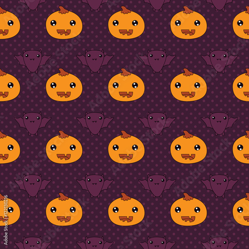 seamless pattern with a cheerful pumpkin and bat, kids halloween background