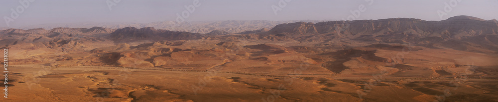 Panoramic view of Mars-like Makhtesh Ramon crater in Negev desert, Israel