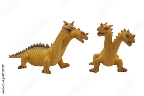 Dragon toy photo. Isolated two-headed dragon toy full face and angle view photo.