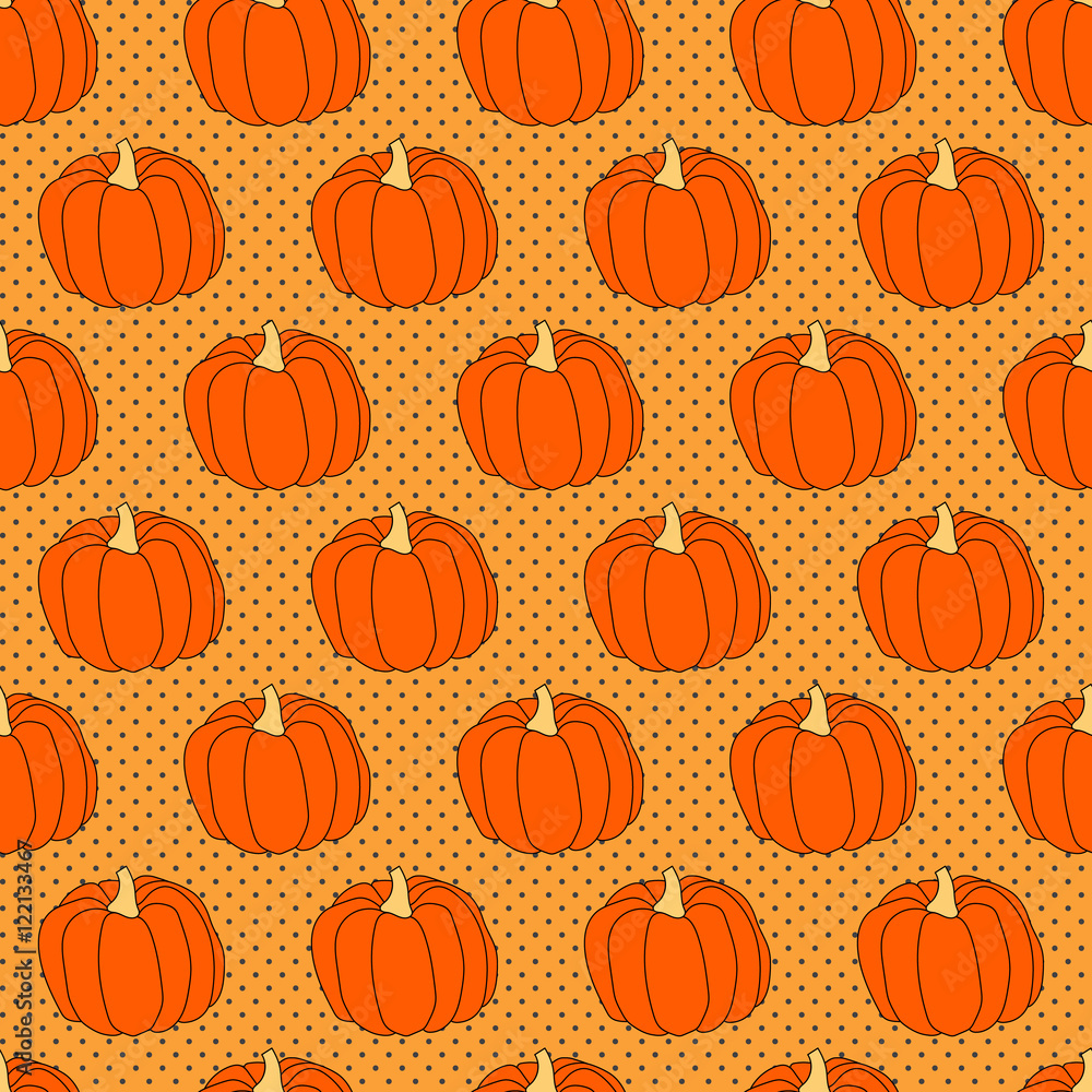 Halloween seamless pattern with pumpkins on the background with dots
