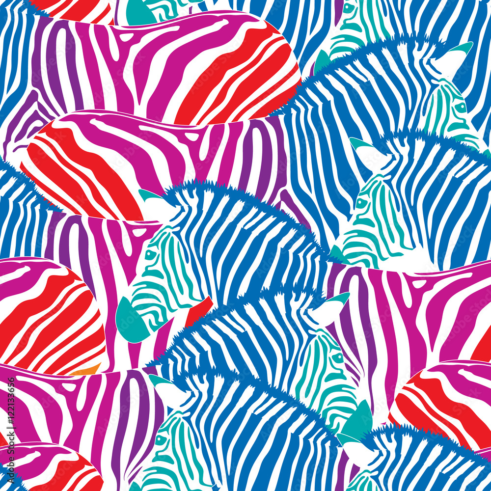 Fototapeta premium Colorful zebra seamless pattern. Savannah Animal ornament. Wild animal texture. Striped black and white. design trendy fabric texture, vector illustration.