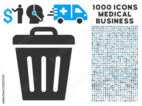 Trash Can icon with 1000 medical business gray and blue vector pictographs. Collection style is flat bicolor symbols, white background.