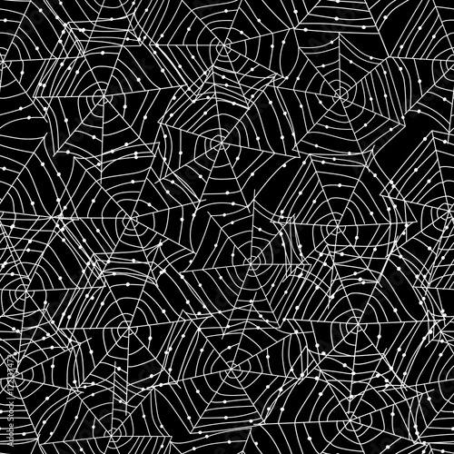 seamless pattern with white spider web on a black background