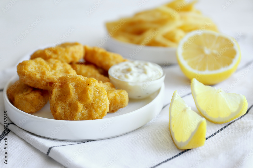 Tasty nuggets with sauce in plate and lemon on napkin
