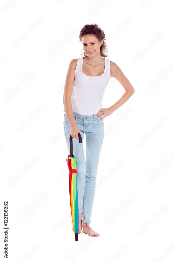Pretty girl posing with color umbrella on white background Pretty girl posing with color umbrella on white background