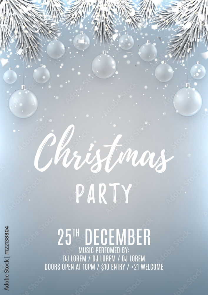 Christmas party flyer template. Elegant vector illustration with glass toys. Beautiful background with silver confetti and shining lights. Design of invitation to night club.