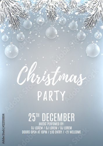 Christmas party flyer template. Elegant vector illustration with glass toys. Beautiful background with silver confetti and shining lights. Design of invitation to night club.