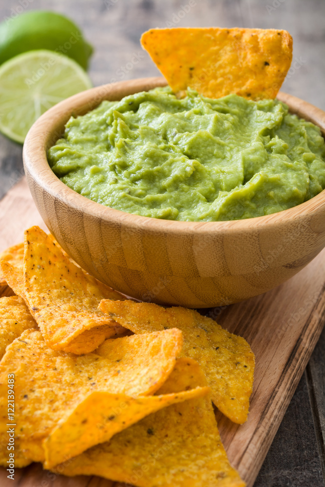 Nachos and guacamole on wooden background
Nachos and guacamole on wooden background