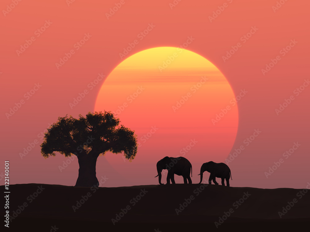Naklejka premium Two elephants at sunset