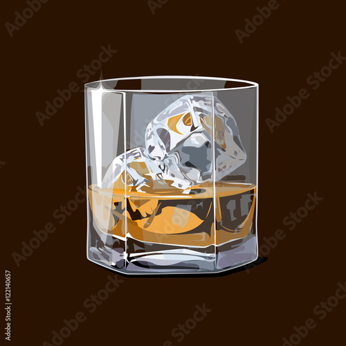 Alcohol. Whiskey shot with pieces of ice. Vector illustration