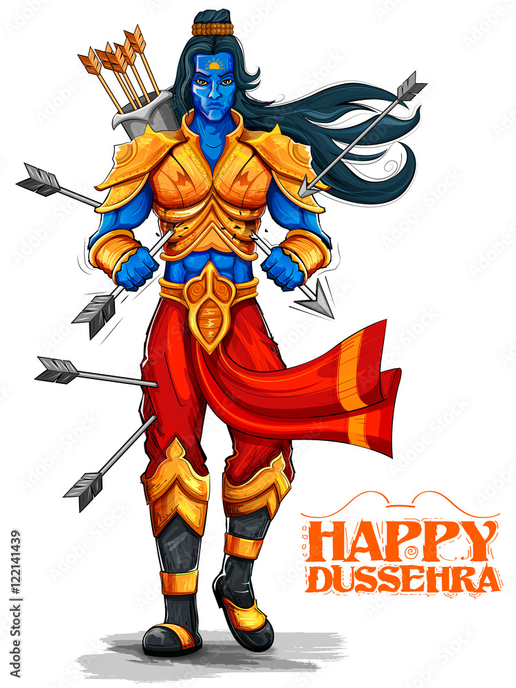 Lord Rama with arrow in Dussehra Navratri festival of India poster Lord Rama with arrow in Dussehra Navratri festival of India poster