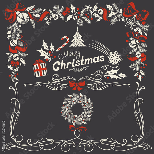 Christmas Ornamental Freehand Frame and a Festive Header with Red Ribbons 