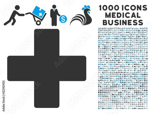 Plus icon with 1000 medical business gray and blue vector design elements. Collection style is flat bicolor symbols, white background.