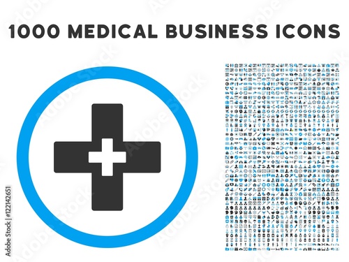 Plus icon with 1000 medical business gray and blue vector pictographs. Set style is flat bicolor symbols, white background.