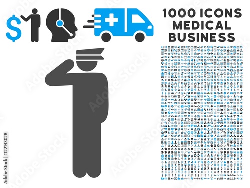 Police Officer icon with 1000 medical commerce gray and blue vector pictograms. Collection style is flat bicolor symbols, white background.