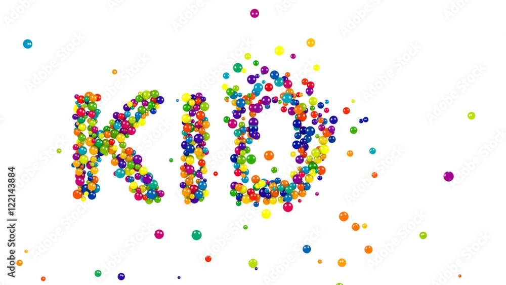 Various sized globes in solid blue, purple, yellow, green and red forming the word kids over white Various sized globes in solid blue, purple, yellow, green and red forming the word kids over white