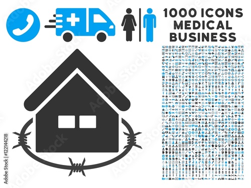 Prison Building icon with 1000 medical commerce gray and blue vector pictograms. Collection style is flat bicolor symbols, white background.
